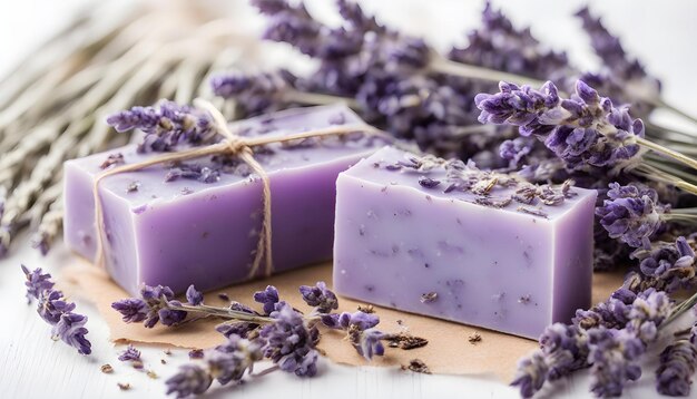 jabón natural de lavanda con flores secas aisladas sobre un fondo blanco