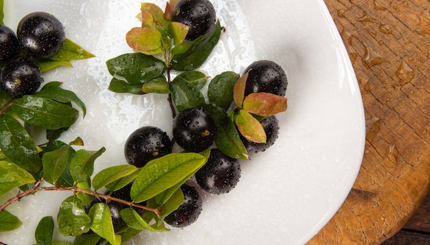 Jabuticaba, jabuticabas en detalle dentro de una placa blanca con ramas y hojas sobre madera rústica