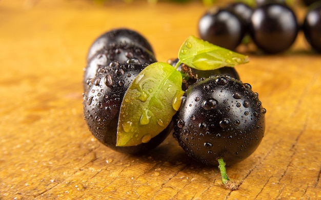 Jabuticaba, jabuticabas en detalle sobre madera rústica, enfoque selectivo.