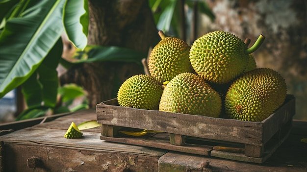 Jaca tropical fresca en una caja sobre una mesa de madera