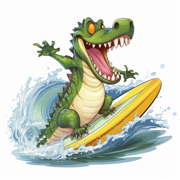 Foto jacaré de desenho animado andando de prancha de surf em uma onda com um grande sorriso ia generativa