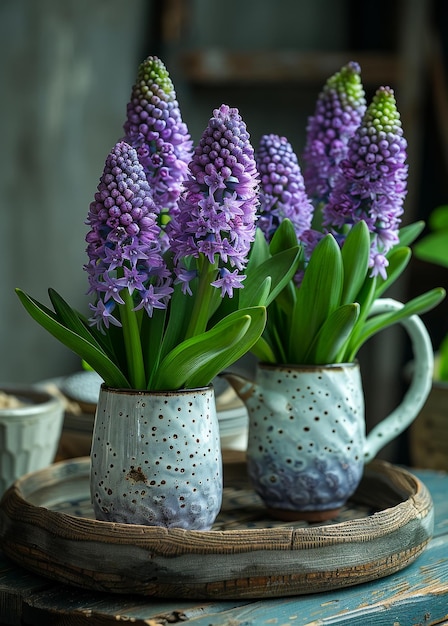 Jacinto roxo em vasos de cerâmica em uma mesa de madeira