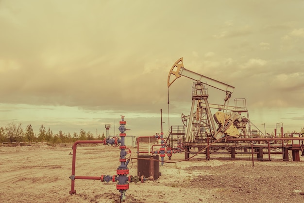 Jack da bomba de óleo em um campo de petróleo. Fundo do céu do sol. Extração de óleo. Conceito de petróleo. Tonificado.