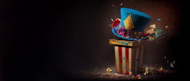 Jack in the Box con sombrero de bufón de confeti Concepto del día de los inocentes con caja sorpresa Banner Ilustración 3D con una copia del lugar para el texto