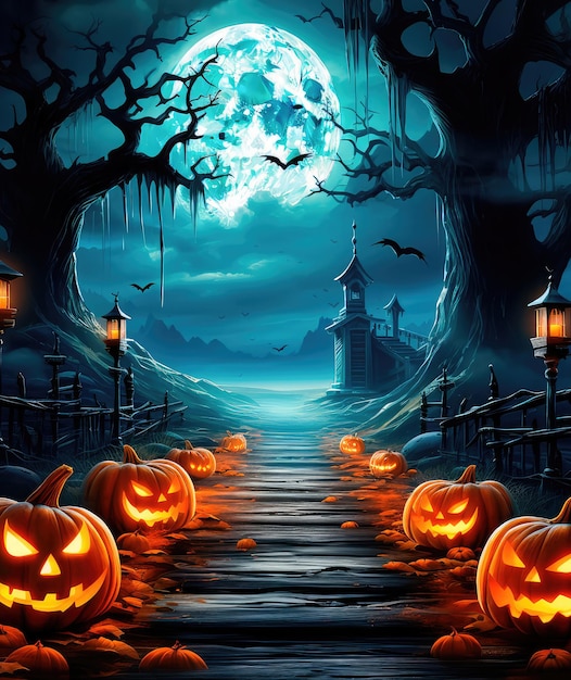 Jack lanternas brillando a la luz de la luna en una escena espeluznante de la noche de Halloween El paisaje de Halloween La mesa y el cementerio en una noche escalofriante IA generativa