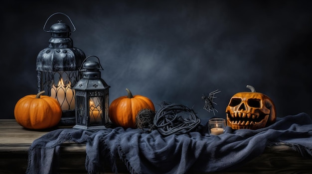Jack linterna en la mesa la noche de Halloween las velas encendidas el fondo de Halloween