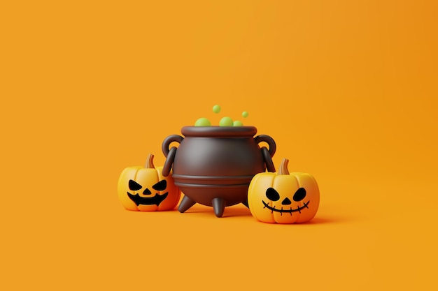 Jack o calabazas linterna con caldero sobre fondo naranja Concepto feliz de Halloween renderizado en 3D