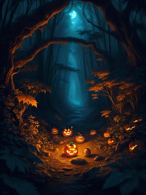Jack o espíritu de linterna vagando por los bosques de la jungla fondo