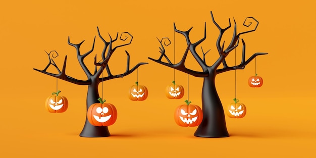 Jack O Lantern calabazas colgando con árbol muerto Feliz Halloween banner 3d ilustración