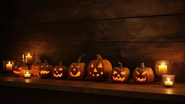 Jack 'O Lantern em fundo de madeira Halloween IA generativa