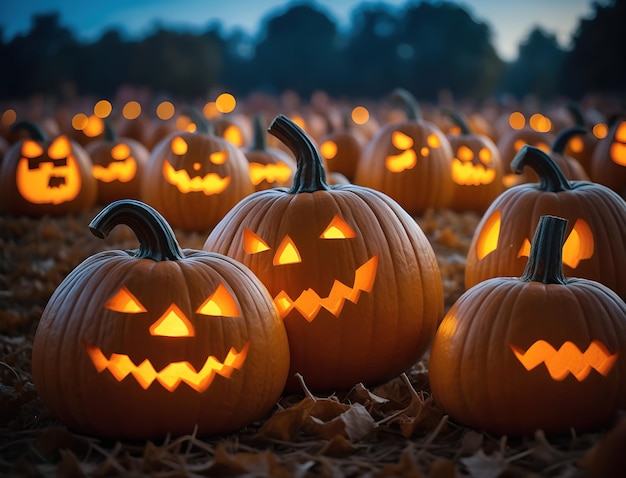 Foto jack o lantern halloween kürbis viele gruselige handgefertigte kürbis lantern herbst generative ai