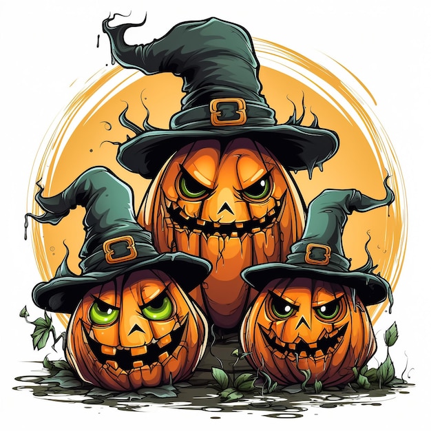 Jack O Lantern Halloween-Kürbisse mit Hexenhut und brennenden Kerzen