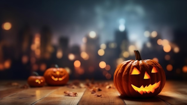 Jack o Lantern Halloween-Symbolhintergrund Kürbisse auf Holzbrett Generative KI