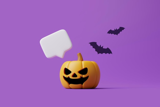 Jack o Lantern Kürbis mit Sprechblase und Fledermäusen auf violettem Hintergrund Fröhliches Halloween 3D-Rendering