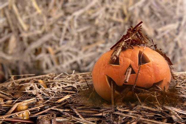 Jack-o-Lantern con ramita en el suelo