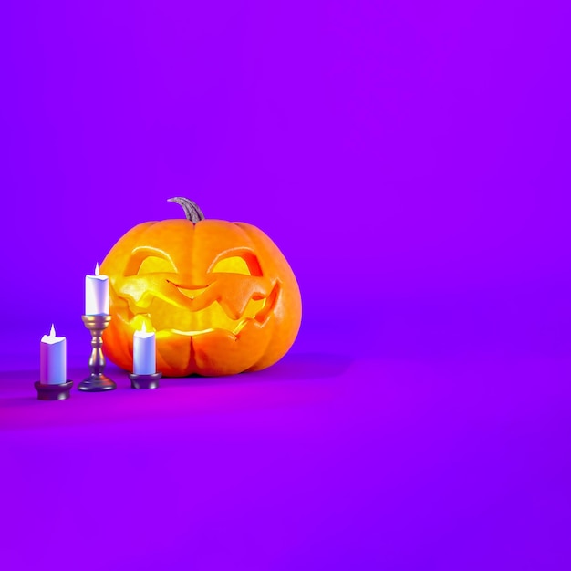 Jack o Lantern y velas sobre fondo púrpura de Halloween con espacio de copia