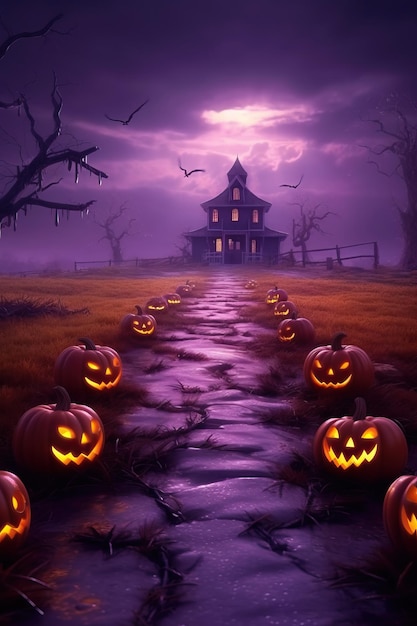 Jack o' Lanterns alrededor del camino a la iglesia abandonada Spooky contra el cielo tormentoso