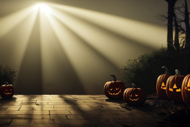 Jack-o-lanterns escena de Halloween, ilustración 3D