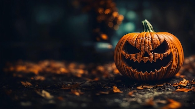 Jack O Lanterns Na floresta escura Cara de abóbora Fundo de Halloween Lugar para espaço de cópia de texto