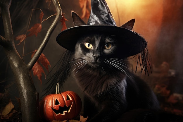 Jack-o-Laterne-Halloween-Kürbisse und schwarze Katze im Hexenhut
