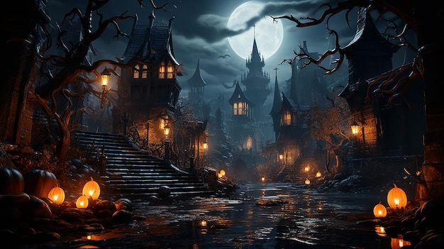Jack O‘Laternen auf dem Friedhof in der gruseligen Nacht, Halloween-Hintergrund, generative KI