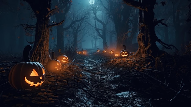 Jack-O-Laternen im gruseligen Wald bei Mondschein-Halloween