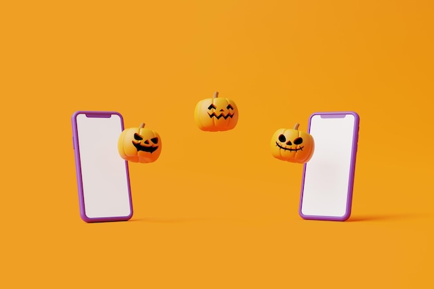 Jack o Linterna calabazas con teléfono inteligente en fondo naranja plantilla de venta de Halloween renderización 3D