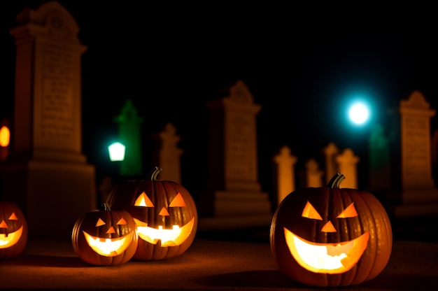 Jack o linterna entre las tumbas papel tapiz Halloween calabazas con ojos brillantes en un cementerio por la noche