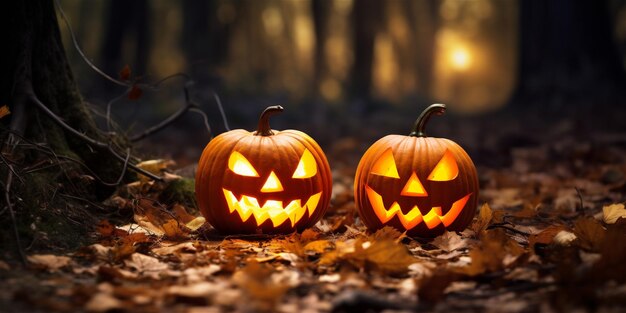 Jack o linternas en el espeluznante bosque de otoño en la noche espeluznantes calabazas talladas la noche de Halloween