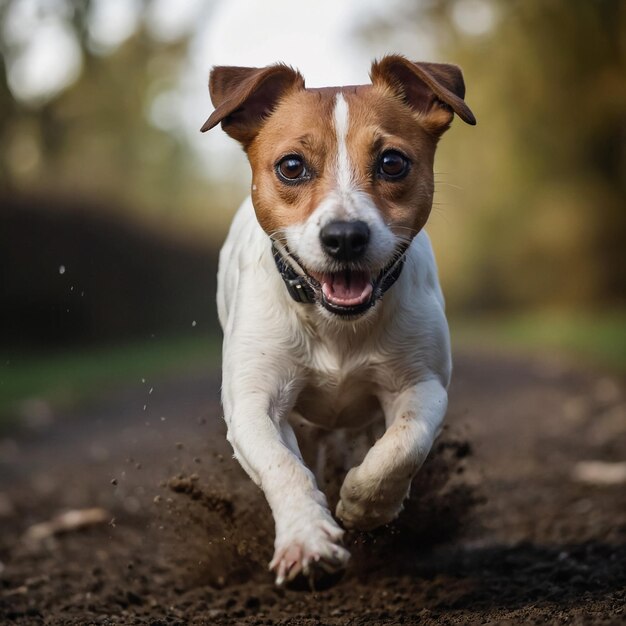 Foto jack russel parson cão corre em direção à câmera angulo baixo tiro de alta velocidade