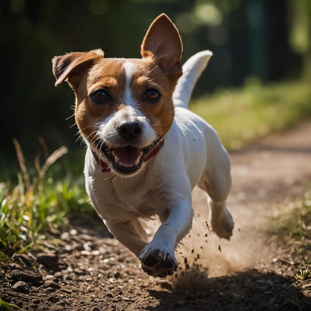 Foto jack russel parson cão corre em direção à câmera angulo baixo tiro de alta velocidade