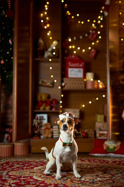 Jack russell bonito vestido com um chapéu de papai noel