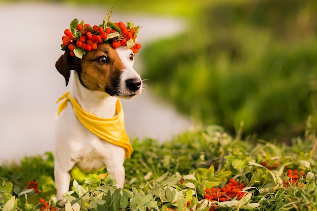 Jack Russell con una corona en la cabeza de otoño de ceniza