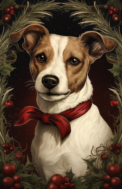 Jack Russell con una corona de Navidad