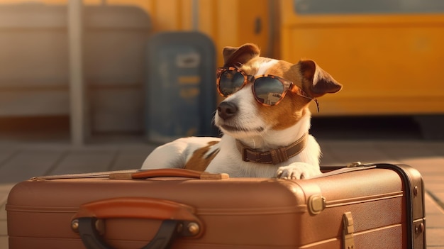 Jack Russell con gafas de sol yace en una maleta en el aeropuerto Viajar con mascotas Generative ai