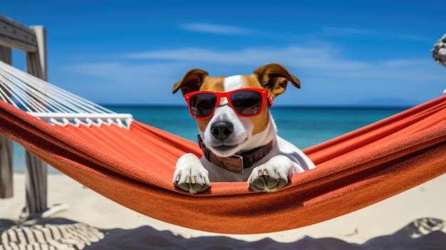 Jack Russell-Hund entspannt sich auf einer roten Hängematte während der Sommerferien am Strand
