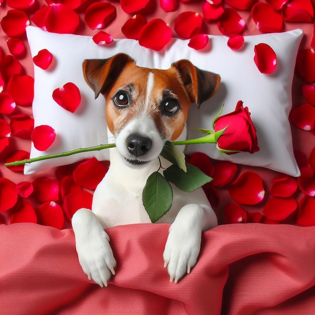Jack Russell-Hund liegt mit Red Flowers im Bett