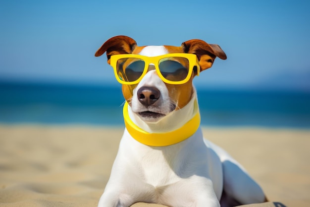 Jack-Russell-Hund mit gelber Sonnenbrille am Strand