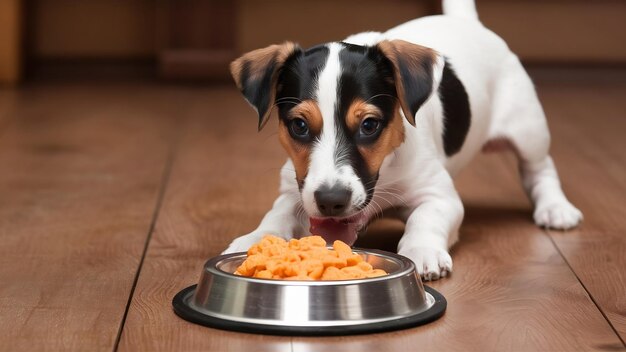 Jack russell terrier cachorro comiendo comida para perros