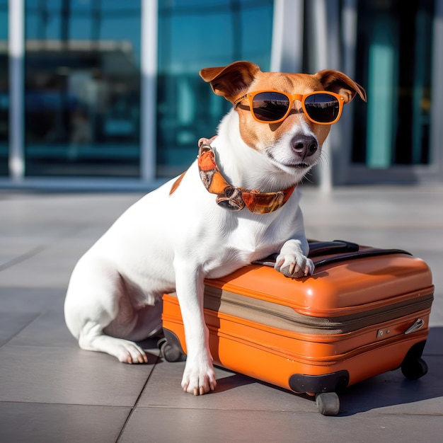 Foto jack russell terrier com óculos de sol está em uma mala no aeroporto cão viajante ia generativa