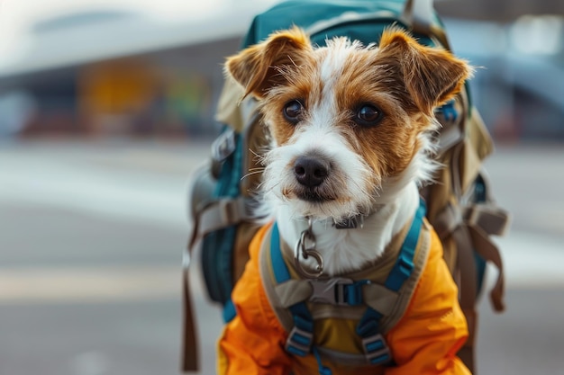 Jack Russell terrier com uma mochila na pista