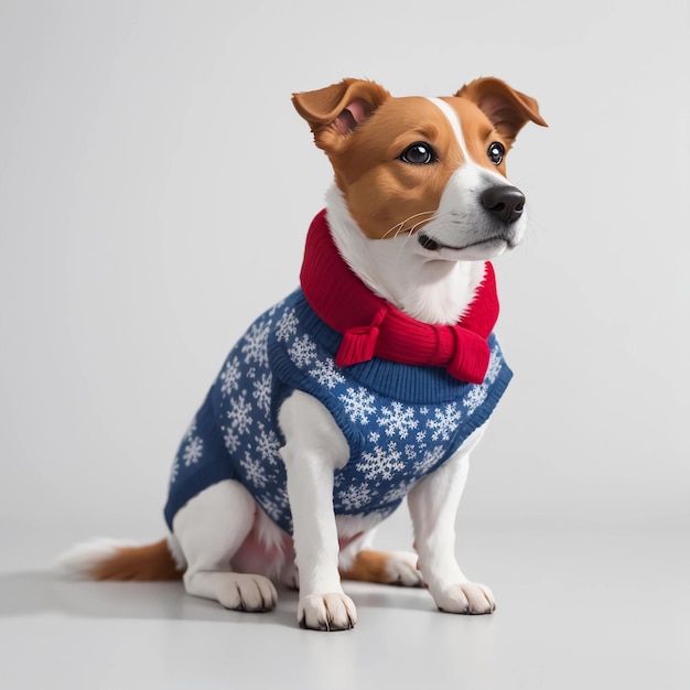 Un Jack Russell Terrier de cuerpo completo vestido con un traje navideño con colores azul rojo y blanco