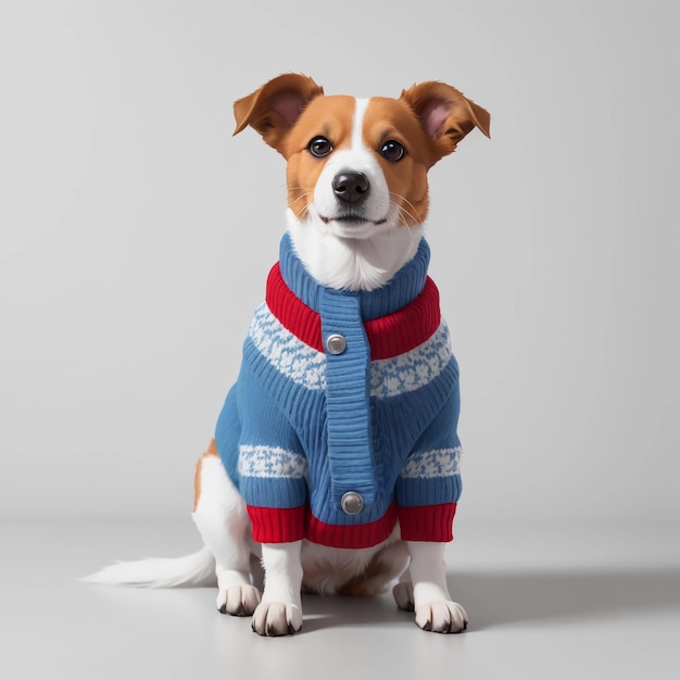 Un Jack Russell Terrier de cuerpo completo vestido con un traje navideño con colores azul rojo y blanco