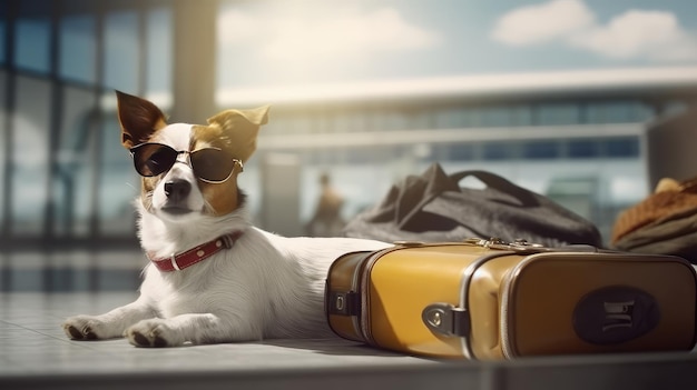 Jack Russell Terrier em óculos de sol está em uma mala no aeroporto Cão viajante Viajando com animais de estimação Generative ai