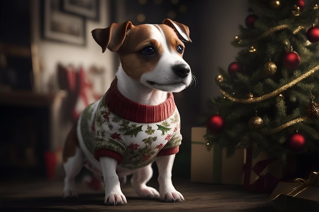 Jack Russell Terrier em pulôver de Natal Generative AI