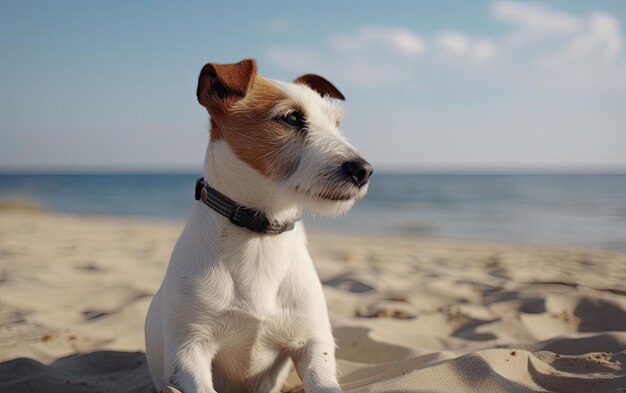 Jack Russell Terrier está sentado na praia profissional de publicidade post foto ai gerado