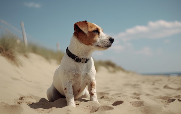 Jack Russell Terrier está sentado na praia profissional de publicidade post foto ai gerado