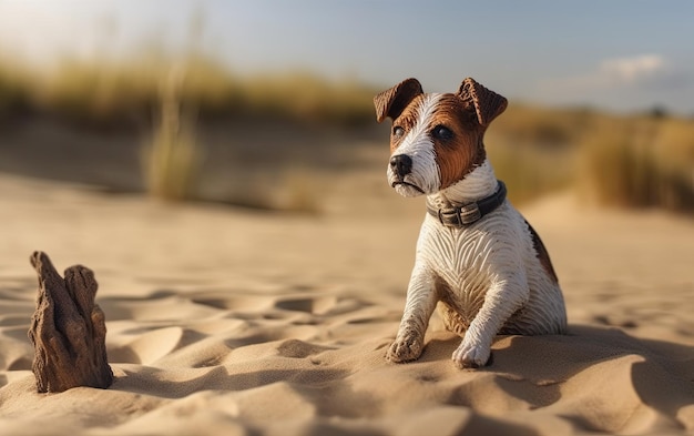 Jack Russell Terrier está sentado en la playa profesional publicación de publicidad foto AI generado