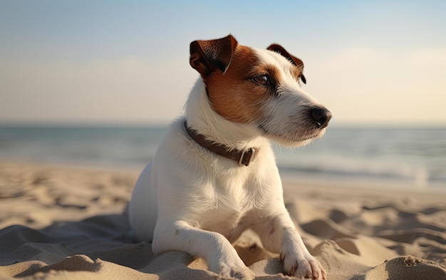 Jack Russell Terrier está sentado en la playa profesional publicación de publicidad foto AI generado