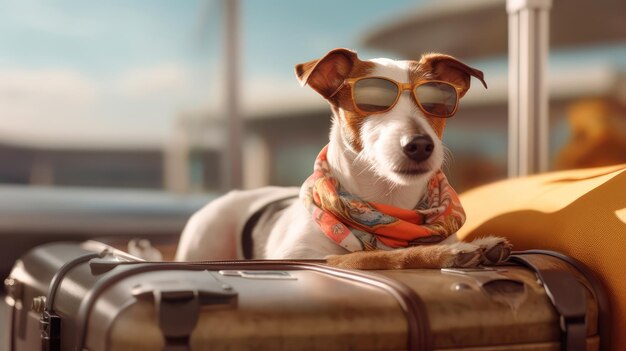 Foto jack russell terrier con gafas de sol yace en una maleta en el aeropuerto perro viajero ia generativa